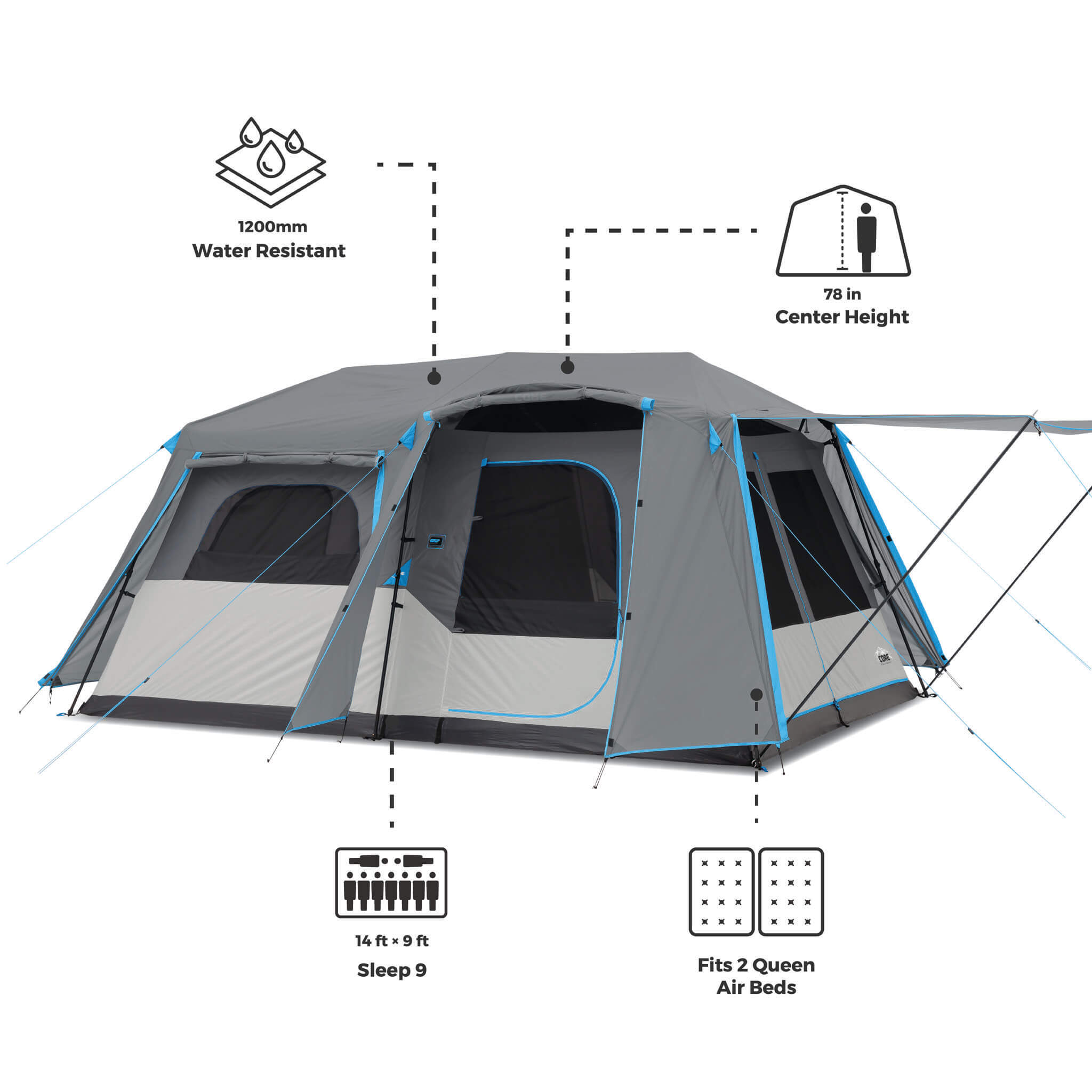 9 Person Lighted Instant Cabin Tent with Full Rainfly - Image 3